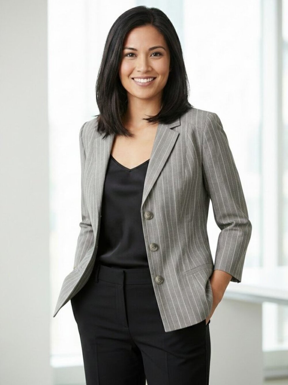 Banana Republic 100% Silk Gray White Pinstripe 3 Button Blazer Womens Size 8 Y2K